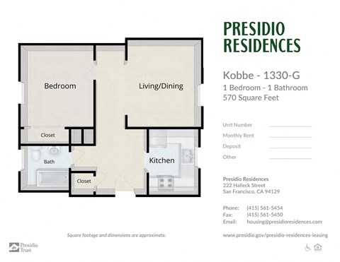 A floor plan for a 1 bedroom apartment in Presidio Residences.